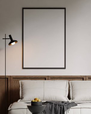 Modern bir oturma odasının içinde çerçeve poster modeli. 3B görüntüleme, 3B resimleme.