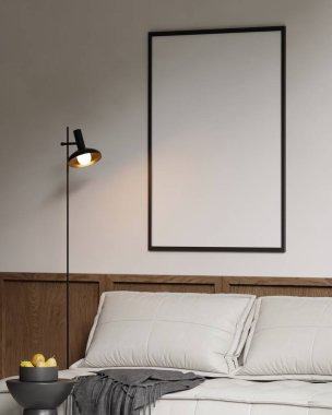 Modern bir oturma odasının içinde çerçeve poster modeli. 3B görüntüleme, 3B resimleme.