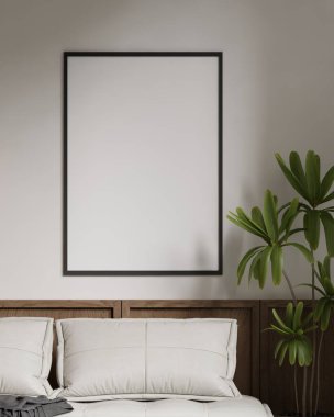 Modern bir oturma odasının içinde çerçeve poster modeli. 3B görüntüleme, 3B resimleme.