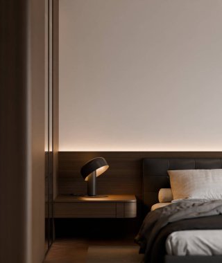 Modern yatak odasının içinde çerçeve poster modeli. 3B görüntüleme, 3B resimleme.