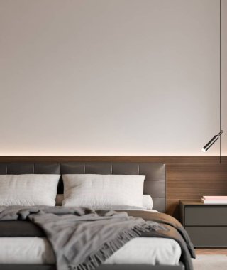 Modern yatak odasının içinde çerçeve poster modeli. 3B görüntüleme, 3B resimleme.