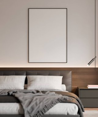 Modern yatak odasının içinde çerçeve poster modeli. 3B görüntüleme, 3B resimleme.