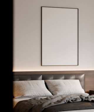 Modern yatak odasının içinde çerçeve poster modeli. 3B görüntüleme, 3B resimleme.