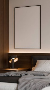Modern yatak odasının içinde çerçeve poster modeli. 3B görüntüleme, 3B resimleme.