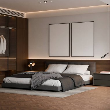 Modern yatak odasının içinde çerçeve poster modeli. 3B görüntüleme, 3B resimleme.