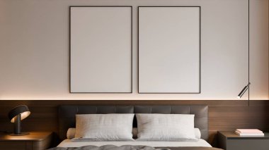 Modern yatak odasının içinde çerçeve poster modeli. 3B görüntüleme, 3B resimleme.