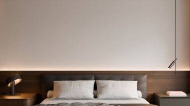 Modern yatak odasının içinde çerçeve poster modeli. 3B görüntüleme, 3B resimleme.