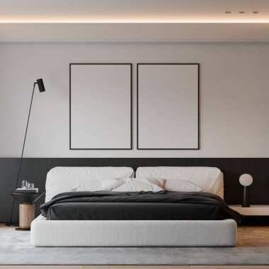 Modern yatak odasının içinde çerçeve poster modeli. 3B görüntüleme, 3B resimleme.
