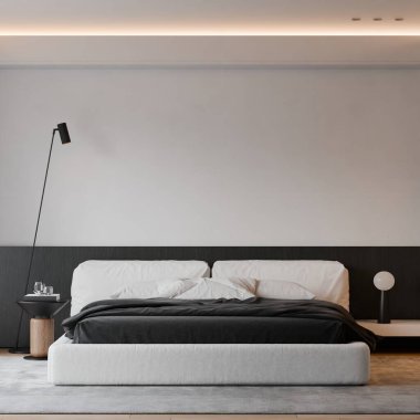 Modern yatak odasının içinde çerçeve poster modeli. 3B görüntüleme, 3B resimleme.