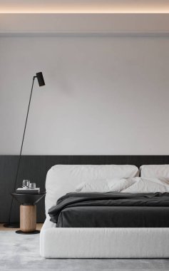 Modern yatak odasının içinde çerçeve poster modeli. 3B görüntüleme, 3B resimleme.