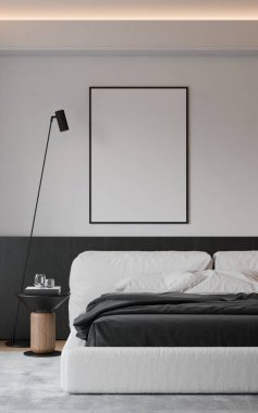 Modern yatak odasının içinde çerçeve poster modeli. 3B görüntüleme, 3B resimleme.