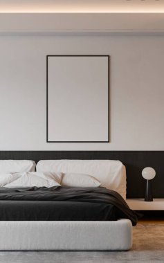 Modern yatak odasının içinde çerçeve poster modeli. 3B görüntüleme, 3B resimleme.