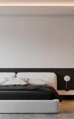 Modern yatak odasının içinde çerçeve poster modeli. 3B görüntüleme, 3B resimleme.