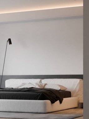 Modern yatak odasının içinde çerçeve poster modeli. 3B görüntüleme, 3B resimleme.