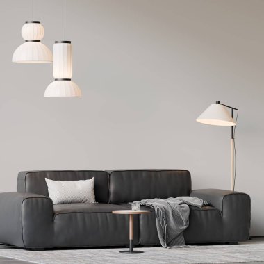 Modern bir oturma odasının içinde çerçeve poster modeli. 3B görüntüleme, 3B resimleme