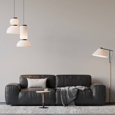 Modern bir oturma odasının içinde çerçeve poster modeli. 3B görüntüleme, 3B resimleme