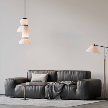 Modern bir oturma odasının içinde çerçeve poster modeli. 3B görüntüleme, 3B resimleme