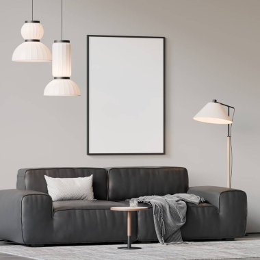 Modern bir oturma odasının içinde çerçeve poster modeli. 3B görüntüleme, 3B resimleme
