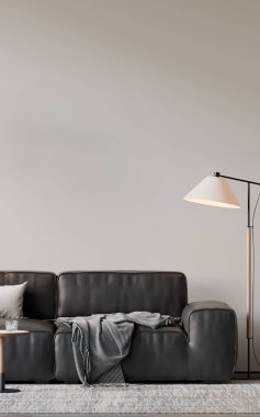 Modern bir oturma odasının içinde çerçeve poster modeli. 3B görüntüleme, 3B resimleme