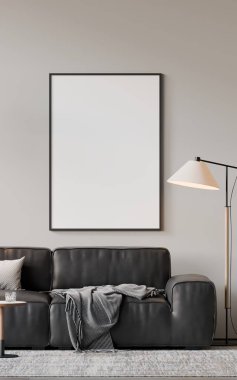 Modern bir oturma odasının içinde çerçeve poster modeli. 3B görüntüleme, 3B resimleme