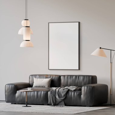 Modern bir oturma odasının içinde çerçeve poster modeli. 3B görüntüleme, 3B resimleme