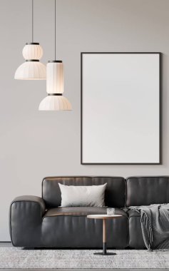 Modern bir oturma odasının içinde çerçeve poster modeli. 3B görüntüleme, 3B resimleme