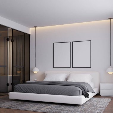 Tarafsız Renkler ve Çerçeve Posteri Modifiye Edilmiş Modern Minimalist Yatak Odası İçi