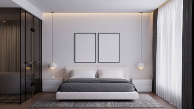Tarafsız Renkler ve Çerçeve Posteri Modifiye Edilmiş Modern Minimalist Yatak Odası İçi