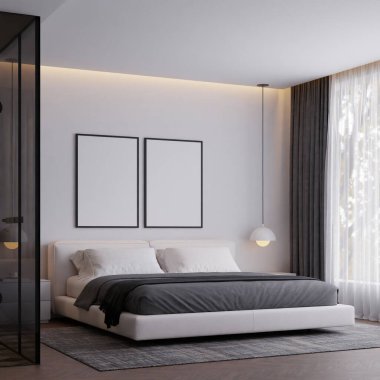 Tarafsız Renkler ve Çerçeve Posteri Modifiye Edilmiş Modern Minimalist Yatak Odası İçi