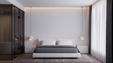 Tarafsız Renkler ve Çerçeve Posteri Modifiye Edilmiş Modern Minimalist Yatak Odası İçi