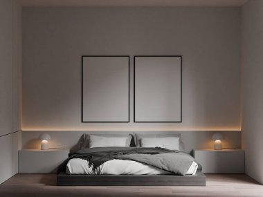 Modern Minimalist Yatak Odası İçi Gri Yatak, Beyaz Yastıklar ve Konforlu Ortam Işıklandırması - 3d