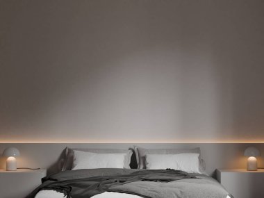 Modern Minimalist Yatak Odası İçi Gri Yatak, Beyaz Yastıklar ve Konforlu Ortam Işıklandırması - 3d