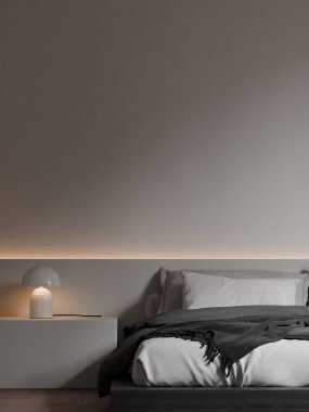 Modern Minimalist Yatak Odası İçi Gri Yatak, Beyaz Yastıklar ve Konforlu Ortam Işıklandırması - 3d