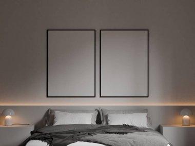 Modern Minimalist Yatak Odası İçi Gri Yatak, Beyaz Yastıklar ve Konforlu Ortam Işıklandırması - 3d