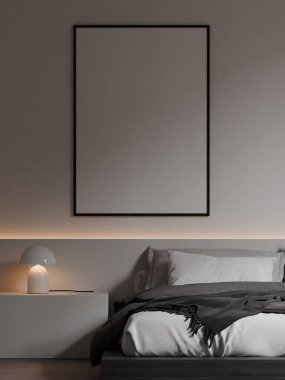 Modern Minimalist Yatak Odası İçi Gri Yatak, Beyaz Yastıklar ve Konforlu Ortam Işıklandırması - 3d