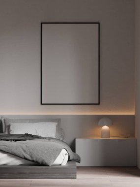 Modern Minimalist Yatak Odası İçi Gri Yatak, Beyaz Yastıklar ve Konforlu Ortam Işıklandırması - 3d