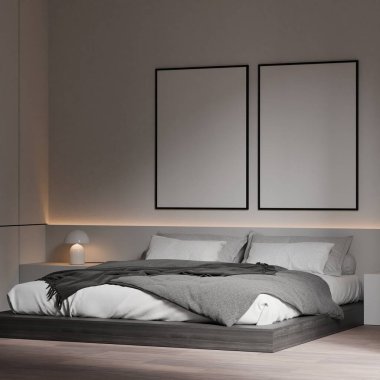 Modern Minimalist Yatak Odası İçi Gri Yatak, Beyaz Yastıklar ve Konforlu Ortam Işıklandırması - 3d