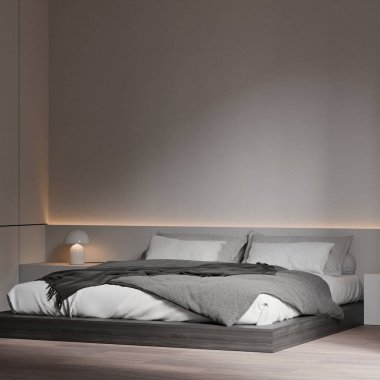 Modern Minimalist Yatak Odası İçi Gri Yatak, Beyaz Yastıklar ve Konforlu Ortam Işıklandırması - 3d