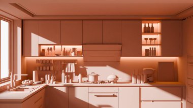 Minimalist Tek Renkli Mutfak İçi Modern ve Konforlu Ruh haliyle, Yemek Utensilleri ve Bitkiler- 3d Render