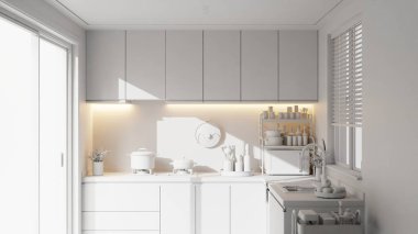 Minimalist Tek Renkli Mutfak İçi Modern ve Konforlu Ruh haliyle, Yemek Utensilleri ve Bitkiler- 3d Render