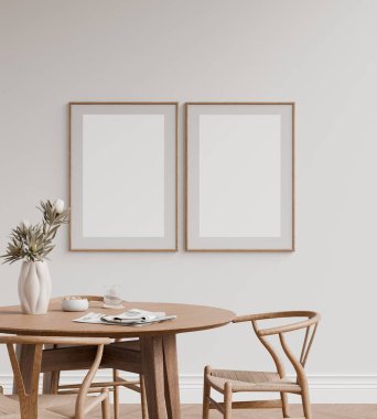 Minimalist, modern bir yemek odasının iç kısımlarındaki duvar posterinin maketi. 3 Boyutlu Hazırlama