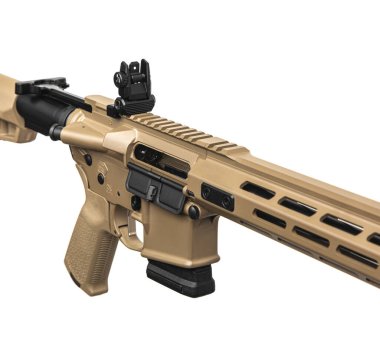 Modern automatic rifle in coyote color. Weapons for police, special forces and the army. Automatic carbine with mechanical sights. Assault rifle on white back.