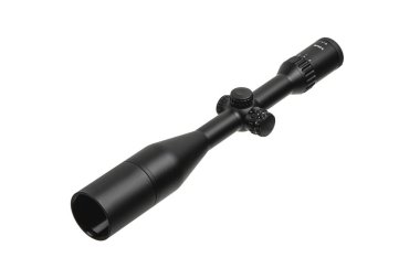 Modern siyah optik görüş. Uzun mesafeleri hedeflemek için optik bir cihaz. Beyaz arkaplanda izole et.