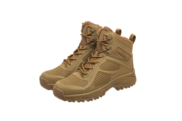Modern Army Combat Boots New Desert Beige Shoes Isolate White — Stockfoto