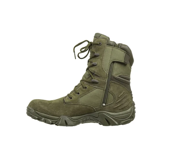 Moderne Armeekampfstiefel Neue Khakifarbene Schuhe Isoliert Auf Weißem Hintergrund — Stockfoto