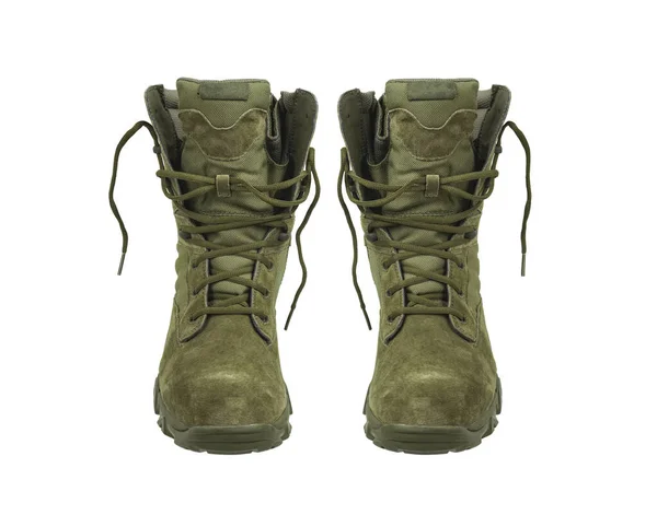 Σύγχρονες Στρατιωτικές Μπότες Καινούρια Χακί Παπούτσια Απομόνωση Λευκό Φόντο — Φωτογραφία Αρχείου