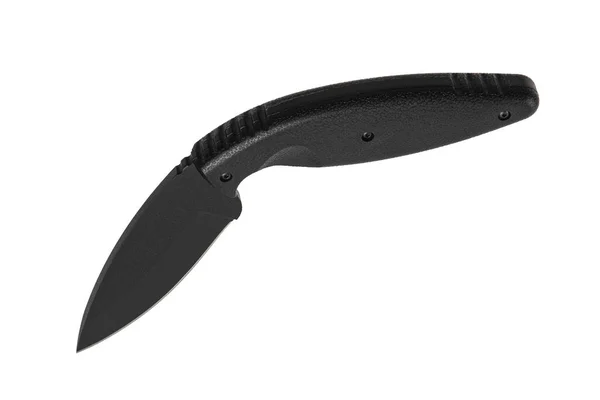 Современный Тактический Нож Черным Лезвием Резиновой Изогнутой Ручкой Стальные Руки — стоковое фото