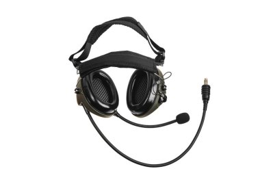 Beyaz bir kulaklığa koruyucu kulaklık. Güvenlik ekipmanları. Gürültü azaltmak için kulaklık. Hafif arkaplan.