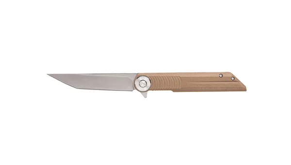 Pocket folding knife isolate on white background. Compact metal sharp knife with a folding blade.
