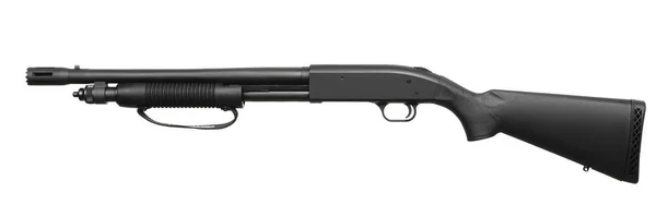 泵动式12口径霰弹枪 白色底座上隔离 一种带塑料枪托的滑膛武器 — 图库照片